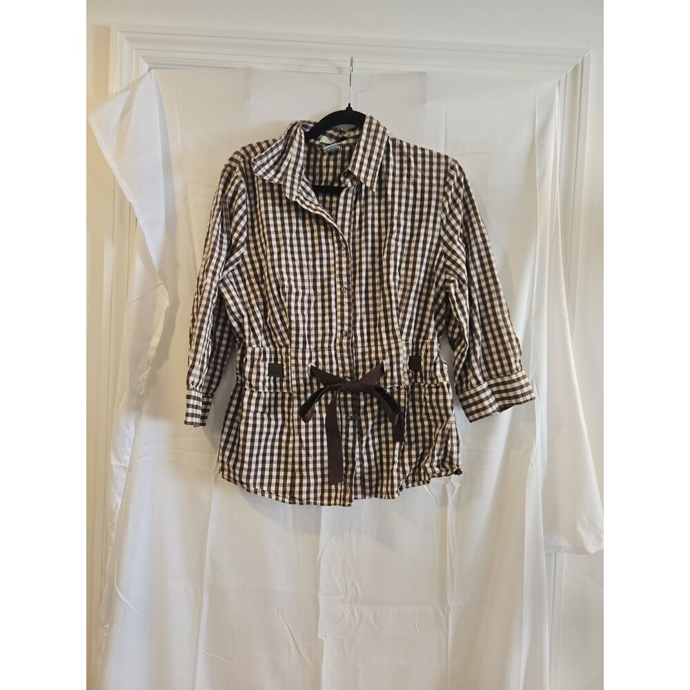 Lucy & Laurel Brown Gingham Button-Up Blouse with Tie Waist